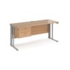 Maestro 25 straight desk 1600mm x 600mm with 2 drawer pedestal - silver cable managed leg frame Beech top - MCM616P2SB
