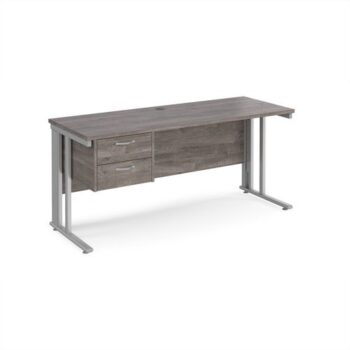 Maestro 25 straight desk 1600mm x 600mm with 2 drawer pedestal - silver cable managed leg frame leg Grey Oak Top - MCM616P2SGO
