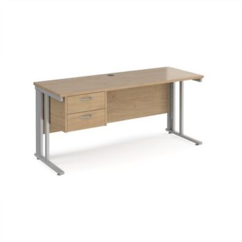 Maestro 25 straight desk 1600mm x 600mm with 2 drawer pedestal - silver cable managed leg frame leg Kendal Oak Top - MCM616P2SKO