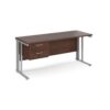 Maestro 25 straight desk 1600mm x 600mm with 2 drawer pedestal - silver cable managed leg frame Walnut top - MCM616P2SW