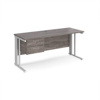Maestro 25 straight desk 1600mm x 600mm with 2 drawer pedestal - white cable managed leg frame leg Grey Oak Top - MCM616P2WHGO