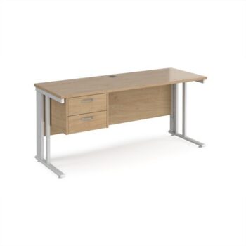 Maestro 25 straight desk 1600mm x 600mm with 2 drawer pedestal - white cable managed leg frame leg Kendal Oak Top - MCM616P2WHKO