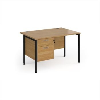 Maestro 25 straight desk 1200mm x 800mm with 2 drawer pedestal - black H-frame leg Oak Top - MH12P2KO