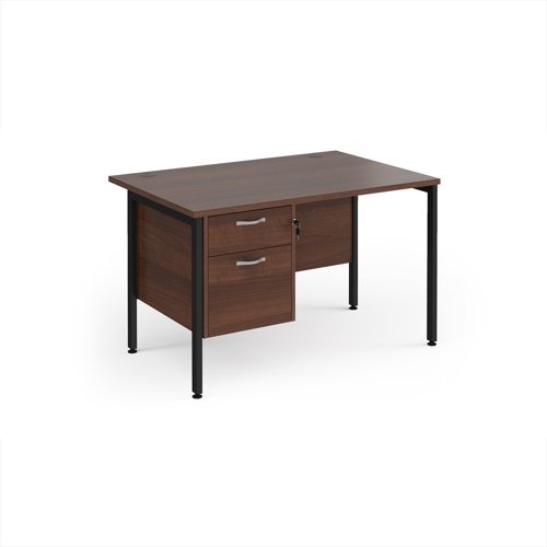 Maestro 25 straight desk 1200mm x 800mm with 2 drawer pedestal - black H-frame leg Walnut top - MH12P2KW
