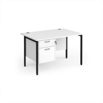 Maestro 25 straight desk 1200mm x 800mm with 2 drawer pedestal - black H-frame leg White Top - MH12P2KWH
