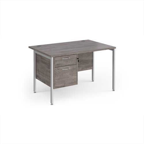 Maestro 25 straight desk 1200mm x 800mm with 2 drawer pedestal - silver H-frame leg Grey Oak Top - MH12P2SGO