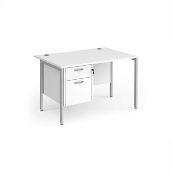 Maestro 25 straight desk 1200mm x 800mm with 2 drawer pedestal - silver H-frame leg White Top - MH12P2SWH