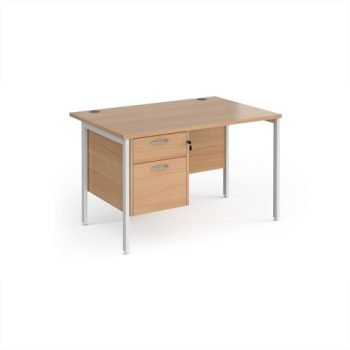 Maestro 25 straight desk 1200mm x 800mm with 2 drawer pedestal - white H-frame leg Beech top - MH12P2WHB
