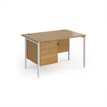 Maestro 25 straight desk 1200mm x 800mm with 2 drawer pedestal - white H-frame leg Oak Top - MH12P2WHO