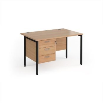 Maestro 25 straight desk 1200mm x 800mm with 3 drawer pedestal - black H-frame leg Beech top - MH12P3KB