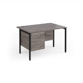 Maestro 25 straight desk 1200mm x 800mm with 3 drawer pedestal - black H-frame leg Grey Oak Top - MH12P3KGO
