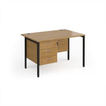 Maestro 25 straight desk 1200mm x 800mm with 3 drawer pedestal - black H-frame leg Oak Top - MH12P3KO