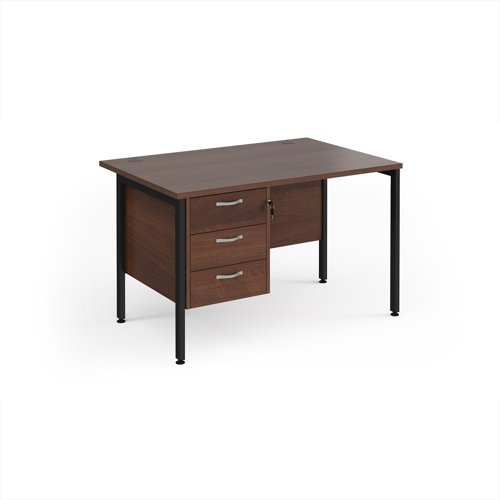 Maestro 25 straight desk 1200mm x 800mm with 3 drawer pedestal - black H-frame leg Walnut top - MH12P3KW