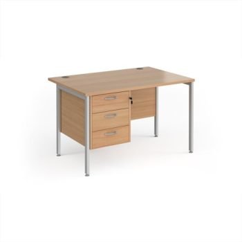 Maestro 25 straight desk 1200mm x 800mm with 3 drawer pedestal - silver H-frame leg Beech top - MH12P3SB