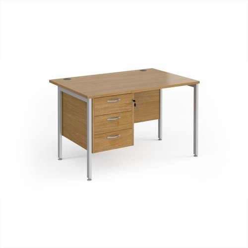 Maestro 25 straight desk 1200mm x 800mm with 3 drawer pedestal - silver H-frame leg Oak Top - MH12P3SO