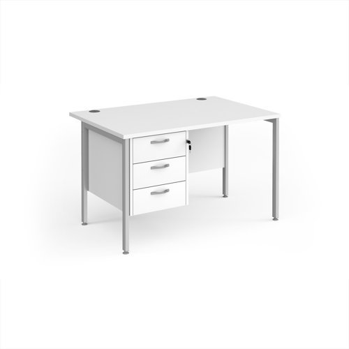 Maestro 25 straight desk 1200mm x 800mm with 3 drawer pedestal - silver H-frame leg White Top - MH12P3SWH