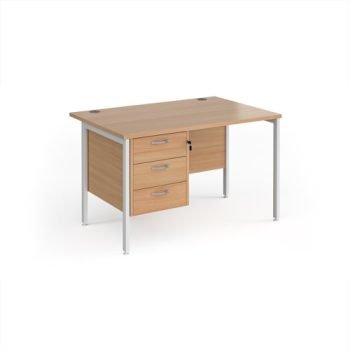 Maestro 25 straight desk 1200mm x 800mm with 3 drawer pedestal - white H-frame leg Beech top - MH12P3WHB
