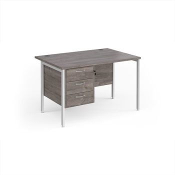 Maestro 25 straight desk 1200mm x 800mm with 3 drawer pedestal - white H-frame leg Grey Oak Top - MH12P3WHGO