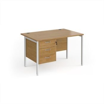 Maestro 25 straight desk 1200mm x 800mm with 3 drawer pedestal - white H-frame leg Oak Top - MH12P3WHO