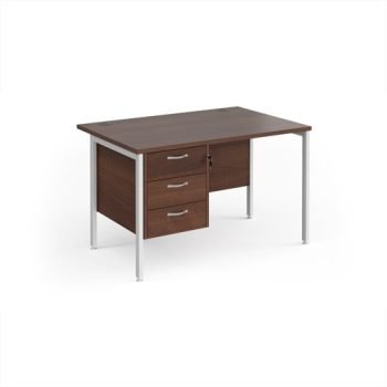 Maestro 25 straight desk 1200mm x 800mm with 3 drawer pedestal - white H-frame leg Walnut top - MH12P3WHW