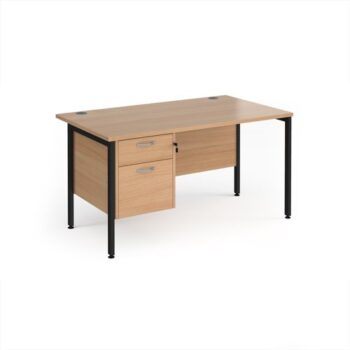Maestro 25 straight desk 1400mm x 800mm with 2 drawer pedestal - black H-frame leg Beech top - MH14P2KB