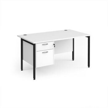 Maestro 25 straight desk 1400mm x 800mm with 2 drawer pedestal - black H-frame leg White Top - MH14P2KWH