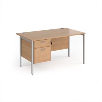Maestro 25 straight desk 1400mm x 800mm with 2 drawer pedestal - silver H-frame leg Beech top - MH14P2SB