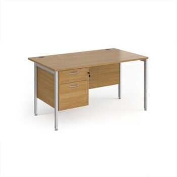Maestro 25 straight desk 1400mm x 800mm with 2 drawer pedestal - silver H-frame leg Oak Top - MH14P2SO