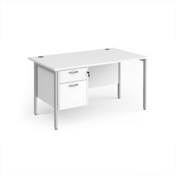 Maestro 25 straight desk 1400mm x 800mm with 2 drawer pedestal - silver H-frame leg White Top - MH14P2SWH