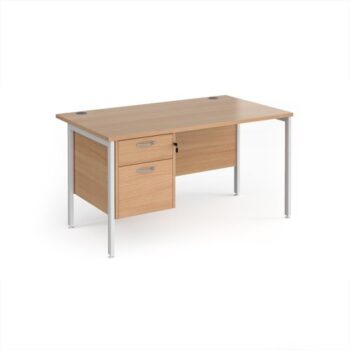 Maestro 25 straight desk 1400mm x 800mm with 2 drawer pedestal - white H-frame leg Beech top - MH14P2WHB