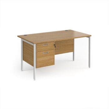 Maestro 25 straight desk 1400mm x 800mm with 2 drawer pedestal - white H-frame leg Oak Top - MH14P2WHO