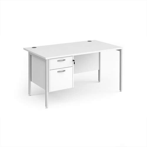 Maestro 25 straight desk 1400mm x 800mm with 2 drawer pedestal - white H-frame leg White Top - MH14P2WHWH