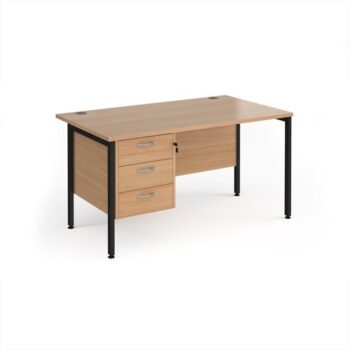 Maestro 25 straight desk 1400mm x 800mm with 3 drawer pedestal - black H-frame leg Beech top - MH14P3KB
