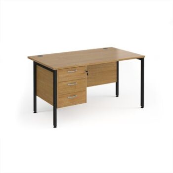 Maestro 25 straight desk 1400mm x 800mm with 3 drawer pedestal - black H-frame leg Oak Top - MH14P3KO