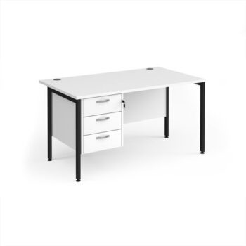 Maestro 25 straight desk 1400mm x 800mm with 3 drawer pedestal - black H-frame leg White Top - MH14P3KWH