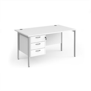 Maestro 25 straight desk 1400mm x 800mm with 3 drawer pedestal - silver H-frame leg White Top - MH14P3SWH