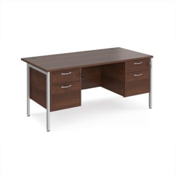 Maestro 25 straight desk 1600mm x 800mm with two x 2 drawer pedestals - silver H-frame leg Walnut top - MH16P22SW