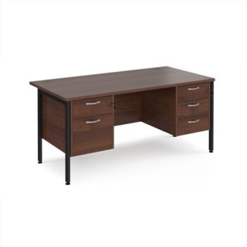 Maestro 25 straight desk 1600mm x 800mm with 2 and 3 drawer pedestals - black H-frame leg Walnut top - MH16P23KW