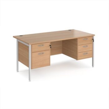 Maestro 25 straight desk 1600mm x 800mm with 2 and 3 drawer pedestals - white H-frame leg Beech top - MH16P23WHB