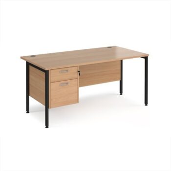 Maestro 25 straight desk 1600mm x 800mm with 2 drawer pedestal - black H-frame leg Beech top - MH16P2KB