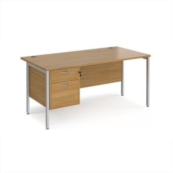 Maestro 25 straight desk 1600mm x 800mm with 2 drawer pedestal - silver H-frame leg Oak Top - MH16P2SO