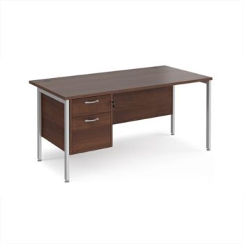 Maestro 25 straight desk 1600mm x 800mm with 2 drawer pedestal - silver H-frame leg Walnut top - MH16P2SW