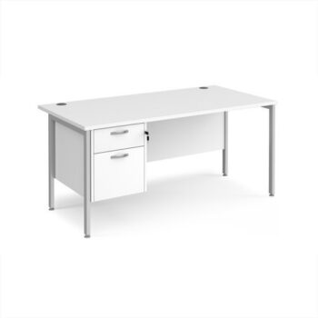 Maestro 25 straight desk 1600mm x 800mm with 2 drawer pedestal - silver H-frame leg White Top - MH16P2SWH