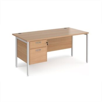 Maestro 25 straight desk 1600mm x 800mm with 2 drawer pedestal - white H-frame leg Beech top - MH16P2WHB