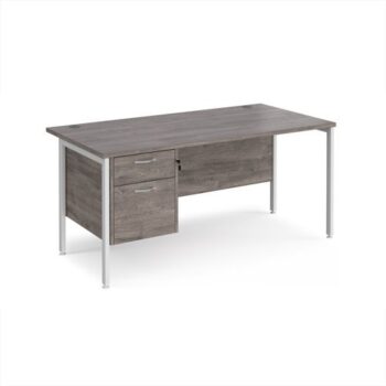 Maestro 25 straight desk 1600mm x 800mm with 2 drawer pedestal - white H-frame leg Grey Oak Top - MH16P2WHGO