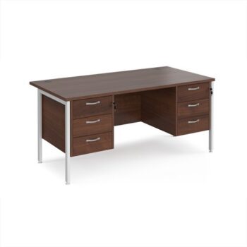 Maestro 25 straight desk 1600mm x 800mm with two x 3 drawer pedestals - white H-frame leg Walnut top - MH16P33WHW