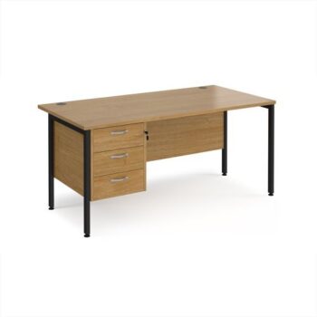 Maestro 25 straight desk 1600mm x 800mm with 3 drawer pedestal - black H-frame leg Oak Top - MH16P3KO