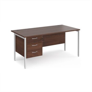 Maestro 25 straight desk 1600mm x 800mm with 3 drawer pedestal - white H-frame leg Walnut top - MH16P3WHW