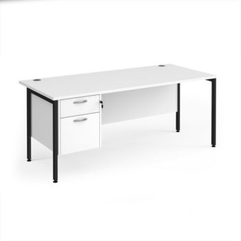 Maestro 25 straight desk 1800mm x 800mm with 2 drawer pedestal - black H-frame leg White Top - MH18P2KWH