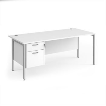 Maestro 25 straight desk 1800mm x 800mm with 2 drawer pedestal - silver H-frame leg White Top - MH18P2SWH